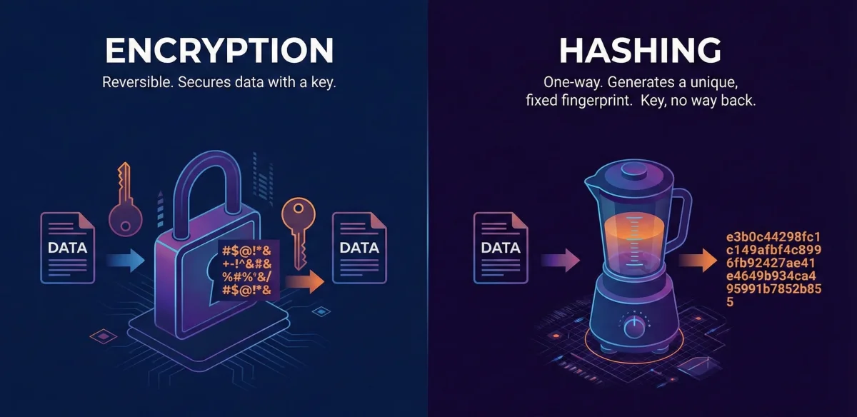 Encryption vs hashing comparison showing reversible encryption and one-way hashing concepts