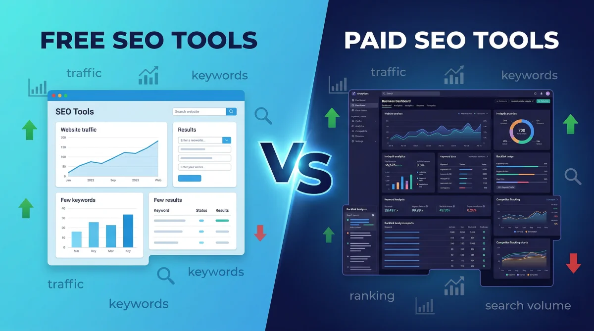 Comparison of free and paid SEO tools showing features and differences