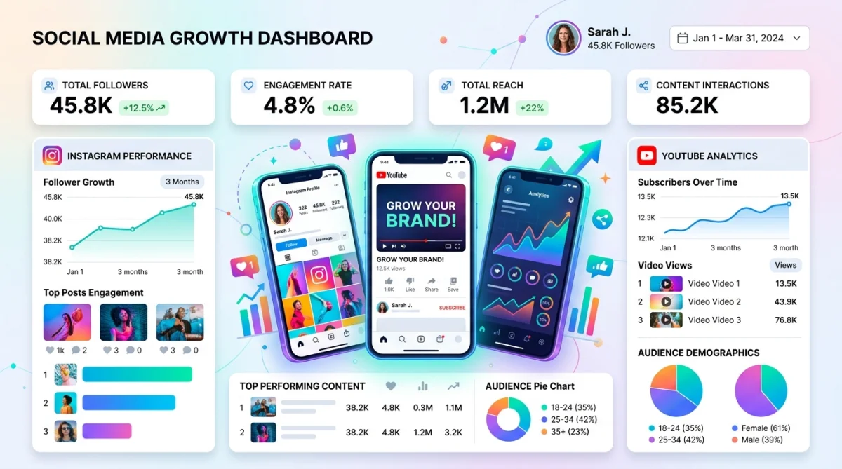 Social media growth tools dashboard with analytics and content strategy visuals