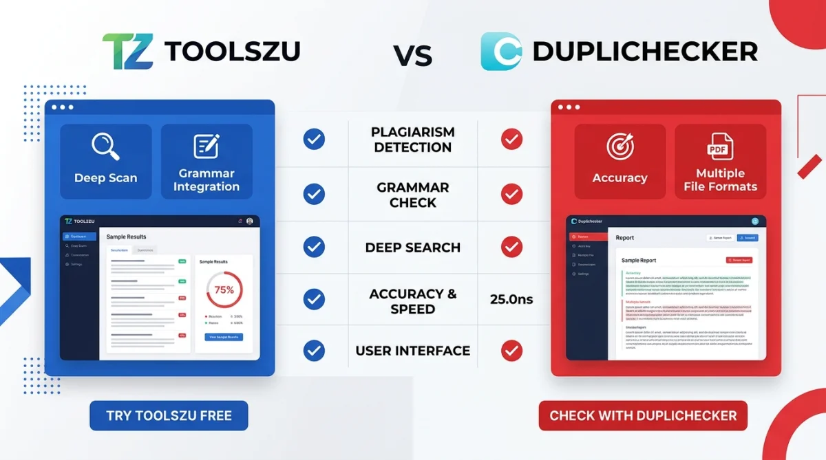 Toolszu vs Duplichecker plagiarism checker comparison screen