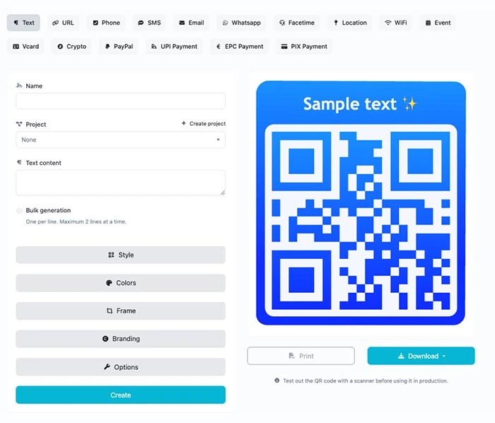 Screenshot of the app QR code system page