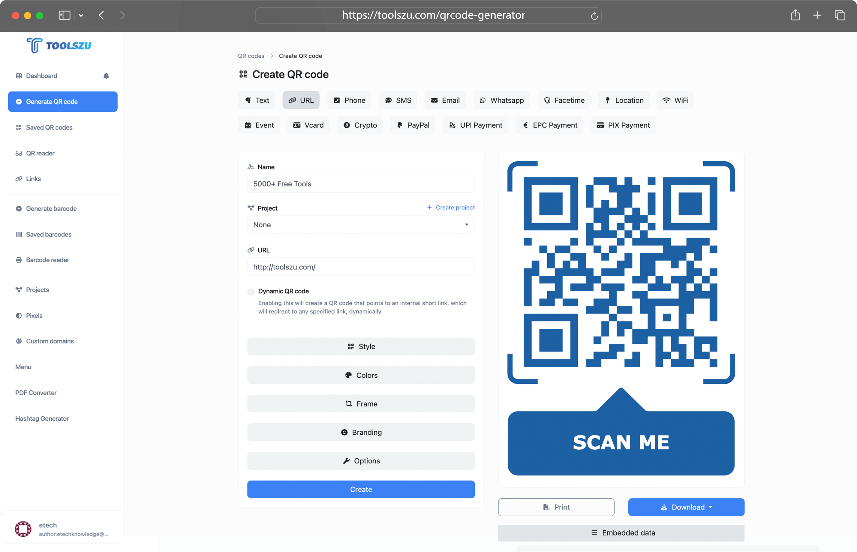 Screenshot of the QR code generator page